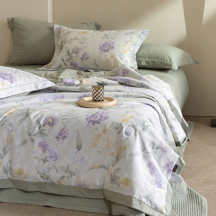 91家纺网 家纺一手货源 找家纺 立奥被业 2026新品冰丝棉夏被四件套竹节纱夏被四件套 静籁之息-绿