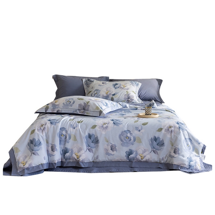 91家纺网 家纺一手货源 找家纺 立奥被业 2026新品冰丝棉夏被四件套竹节纱夏被四件套 静谧花园-蓝