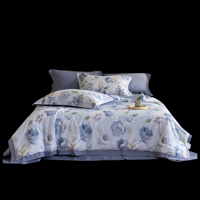 91家纺网 家纺一手货源 找家纺 立奥被业 2026新品冰丝棉夏被四件套竹节纱夏被四件套 静谧花园-蓝