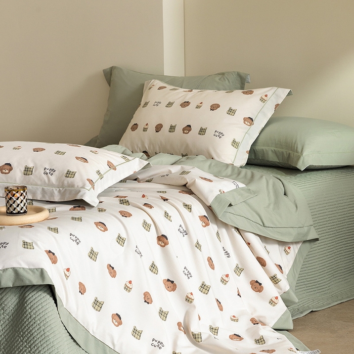 91家纺网 家纺一手货源 找家纺 立奥被业 2026新品冰丝棉夏被四件套竹节纱夏被四件套 萌首星罗-绿