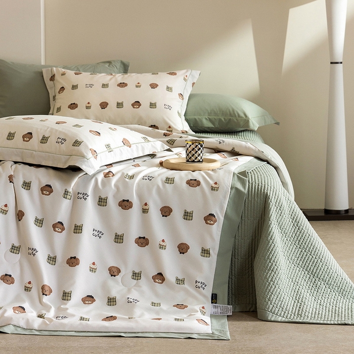 立奥被业 2026新品冰丝棉夏被四件套竹节纱夏被四件套 萌首星罗-绿