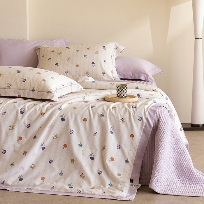 立奥被业 2026新品冰丝棉夏被四件套竹节纱夏被四件套 蘑菇乐园-紫