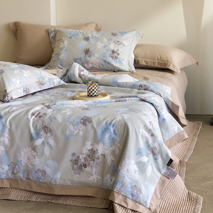 91家纺网 家纺一手货源 找家纺 立奥被业 2026新品冰丝棉夏被四件套竹节纱夏被四件套 水墨江南-咖