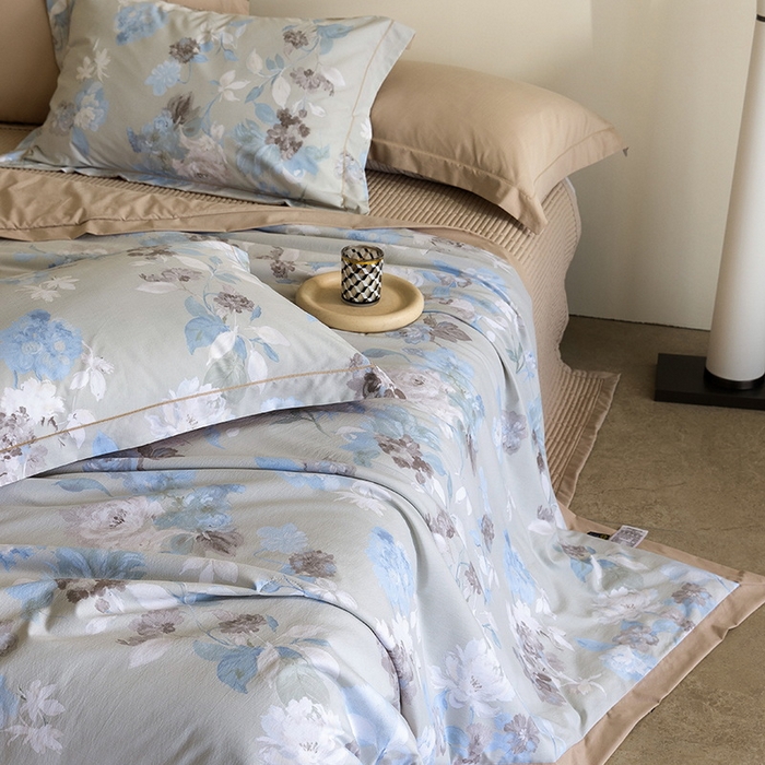 91家纺网 家纺一手货源 找家纺 立奥被业 2026新品冰丝棉夏被四件套竹节纱夏被四件套 水墨江南-咖