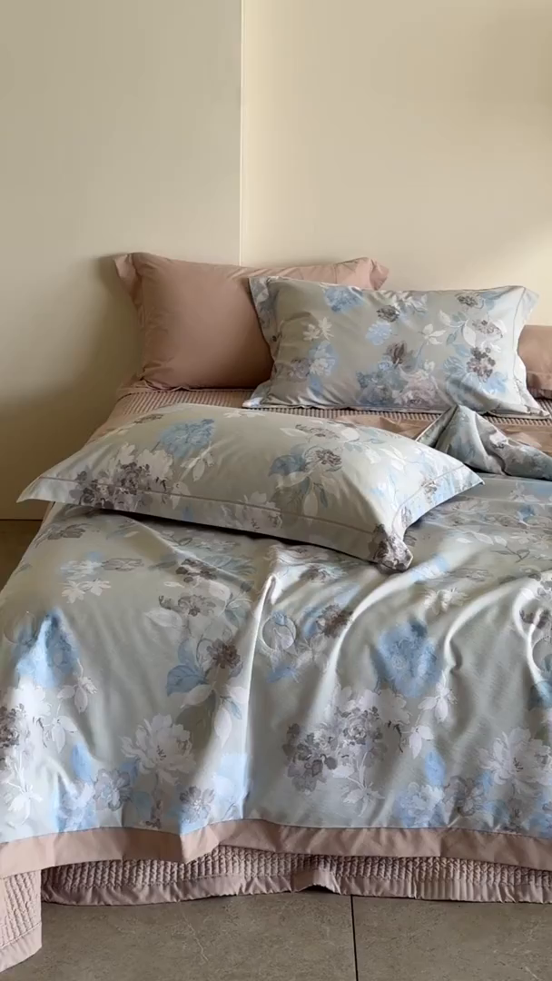 91家纺网 家纺一手货源 找家纺 立奥被业 2026新品冰丝棉夏被四件套竹节纱夏被四件套 水墨江南-咖