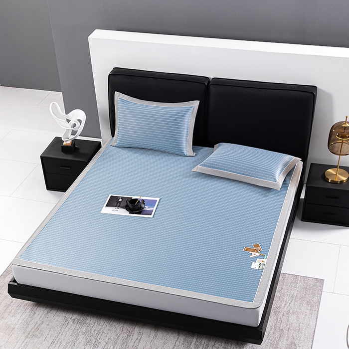 91家纺网 家纺一手货源 找家纺 小牛席业 2026新款无印风纯色凉感冰丝系列（床笠款）凉席藤席冰藤席冰丝席竹席乳胶席凉感豆豆席草席空调席 蓝色