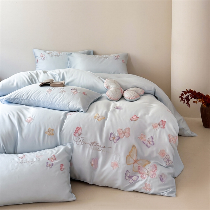 （总）优贝家纺 2026新款100%莱赛尔天丝面料刺绣四件套-蝶引系列