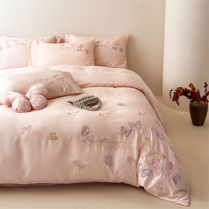 91家纺网 家纺一手货源 找家纺 优贝家纺 2026新款100%莱赛尔天丝面料刺绣四件套-蝶引系列 蝶引-粉