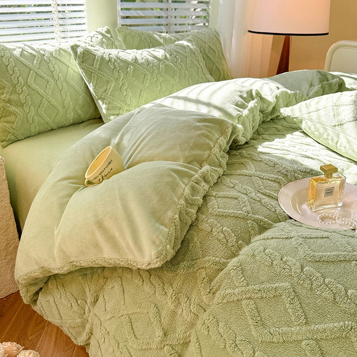 91家纺网 家纺一手货源 找家纺 沐珩家纺 2026新款亲肤舒适加厚保暖塔芙绒牛奶绒系列四件套 香草绿