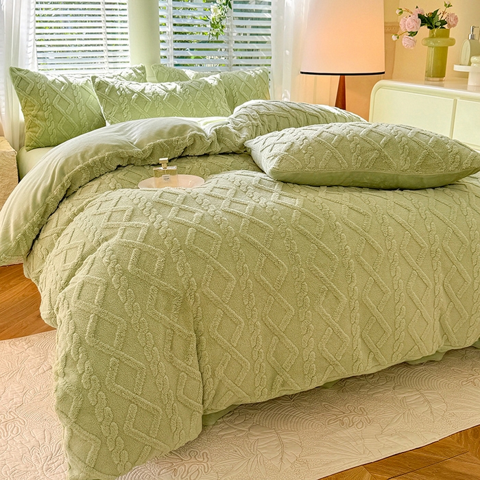 91家纺网 家纺一手货源 找家纺 沐珩家纺 2026新款亲肤舒适加厚保暖塔芙绒牛奶绒系列四件套 香草绿