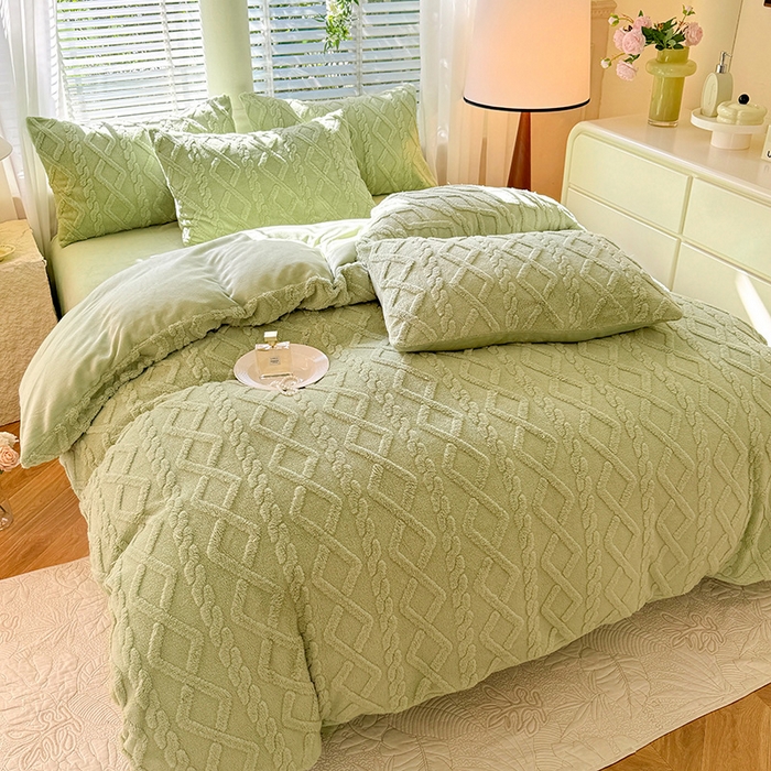 91家纺网 家纺一手货源 找家纺 沐珩家纺 2026新款亲肤舒适加厚保暖塔芙绒牛奶绒系列四件套 香草绿