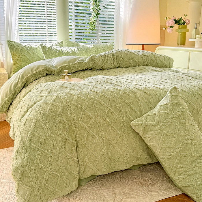 91家纺网 家纺一手货源 找家纺 沐珩家纺 2026新款亲肤舒适加厚保暖塔芙绒牛奶绒系列四件套 香草绿