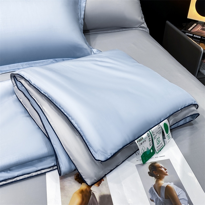 91家纺网 家纺一手货源 找家纺 优贝家纺 2026新款100%莱赛尔纯色天丝面料夏被四件套终版 海天蓝