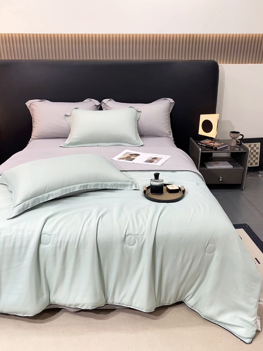 91家纺网 家纺一手货源 找家纺 优贝家纺 2026新款100%莱赛尔纯色天丝面料夏被四件套终版 清新绿