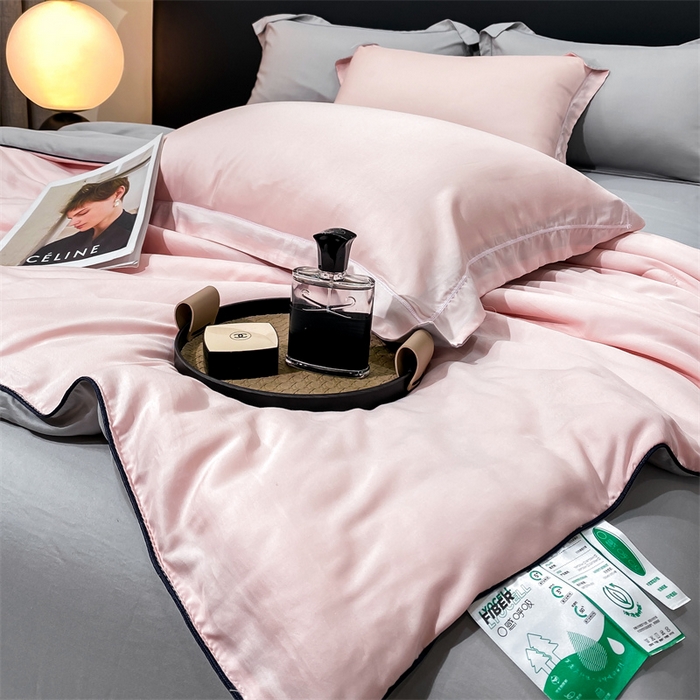 91家纺网 家纺一手货源 找家纺 优贝家纺 2026新款100%莱赛尔纯色天丝面料夏被四件套终版 少女粉