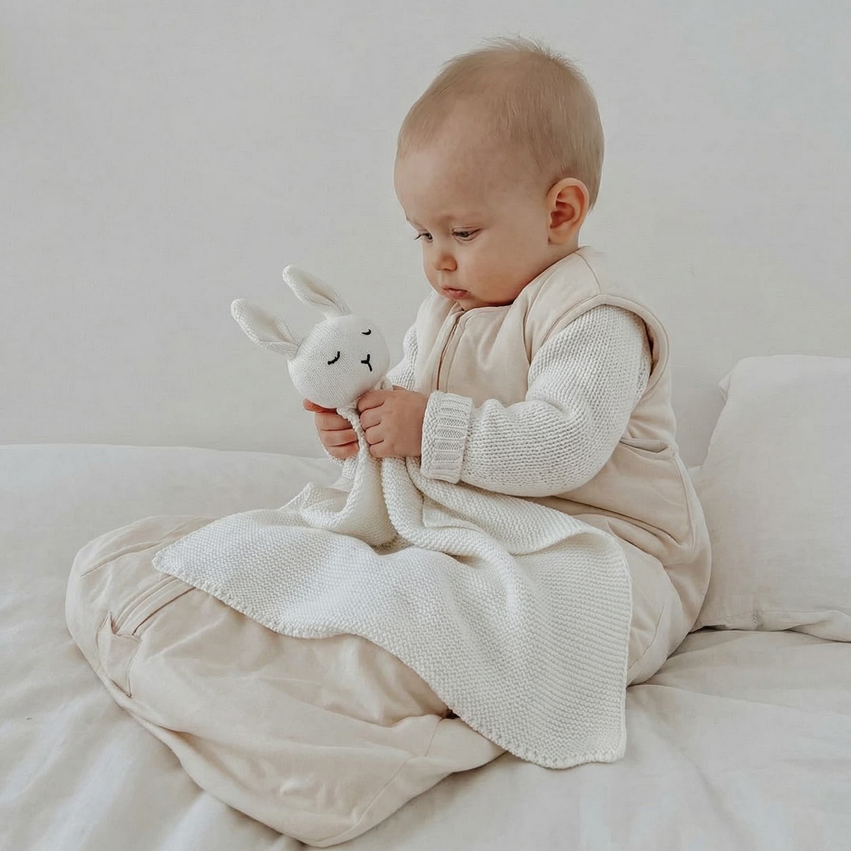 91家纺网 家纺一手货源 找家纺 暖绵绵家纺 2026新款宝宝的好玩伴萌兔安抚巾新生儿陪睡软玩偶-安心兔 安心兔-白色 40*40cm