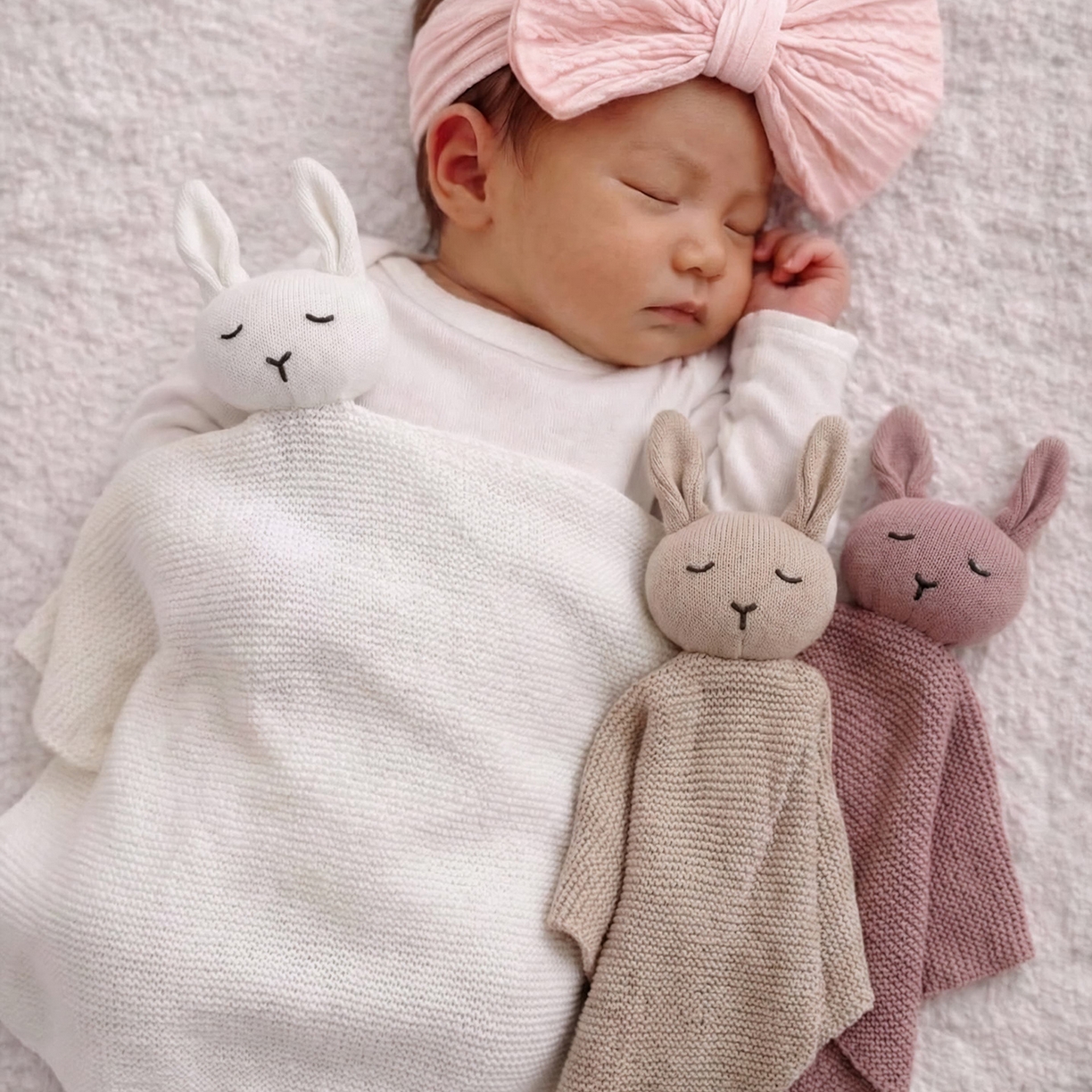 91家纺网 家纺一手货源 找家纺 暖绵绵家纺 2026新款宝宝的好玩伴萌兔安抚巾新生儿陪睡软玩偶-安心兔 安心兔-白色 40*40cm