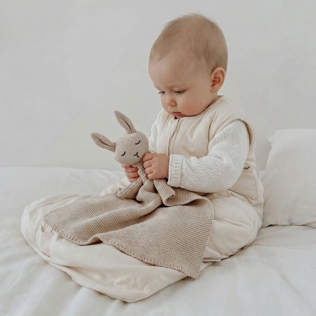 91家纺网 家纺一手货源 找家纺 暖绵绵家纺 2026新款宝宝的好玩伴萌兔安抚巾新生儿陪睡软玩偶-安心兔 安心兔-米色 40*40cm