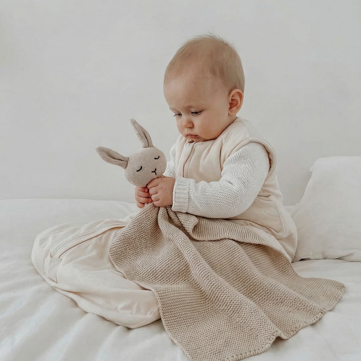91家纺网 家纺一手货源 找家纺 暖绵绵家纺 2026新款宝宝的好玩伴萌兔安抚巾新生儿陪睡软玩偶-安心兔 安心兔-米色 40*40cm