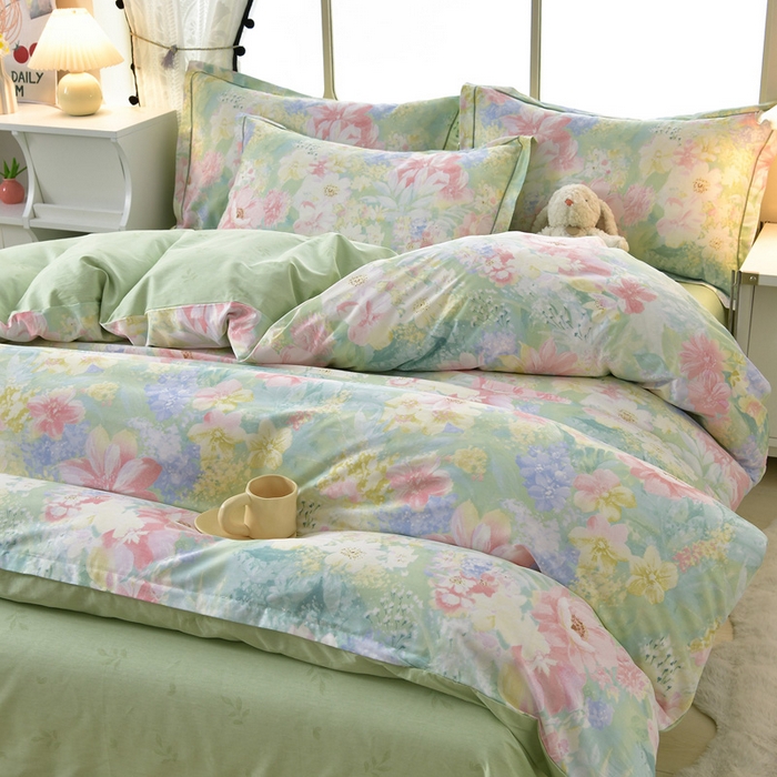 91家纺网 家纺一手货源 找家纺 绘萱家居 2026直播爆款一字绣吊边款纯棉100%全棉四件套印花百分百（喷气高品质） 白棠雾黎