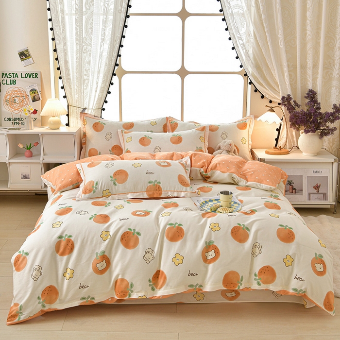 91家纺网 家纺一手货源 找家纺 绘萱家居 2026直播爆款一字绣吊边款纯棉100%全棉四件套印花百分百（喷气高品质） 橙心萌友