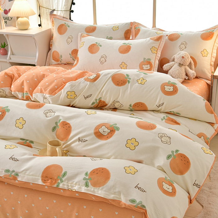 91家纺网 家纺一手货源 找家纺 绘萱家居 2026直播爆款一字绣吊边款纯棉100%全棉四件套印花百分百（喷气高品质） 橙心萌友