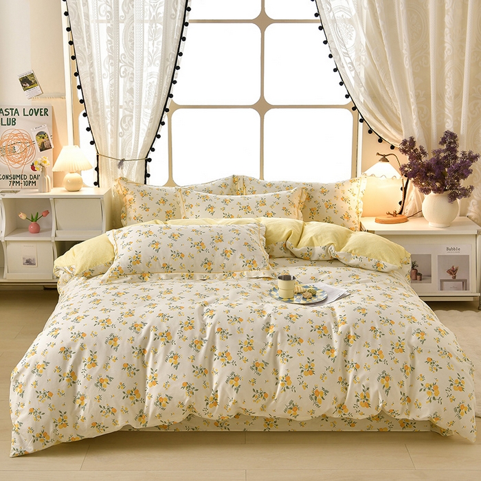 91家纺网 家纺一手货源 找家纺 绘萱家居 2026直播爆款一字绣吊边款纯棉100%全棉四件套印花百分百（喷气高品质） 春日序曲