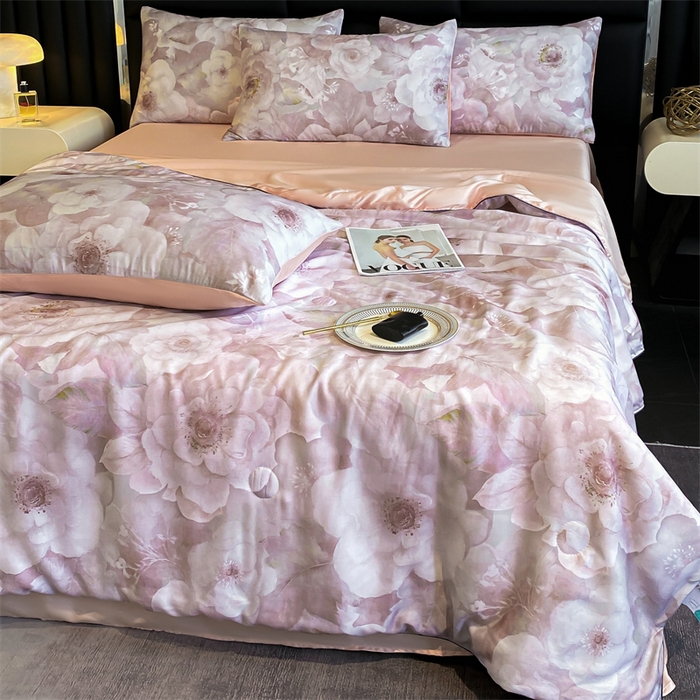 91家纺网 家纺一手货源 找家纺 优贝家纺 2026新款100%莱赛尔天丝面料数码印花天丝夏被四件套 诺曼花园