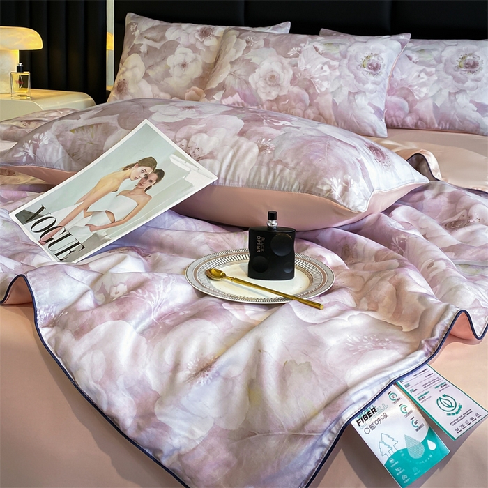 91家纺网 家纺一手货源 找家纺 优贝家纺 2026新款100%莱赛尔天丝面料数码印花天丝夏被四件套 诺曼花园