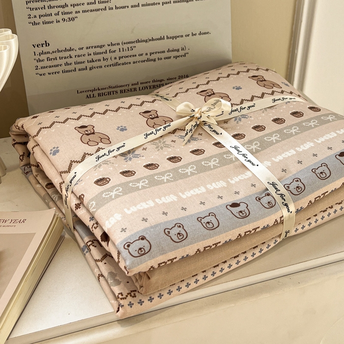 亿梵家居 2025新款A类母婴级有氧全棉纯棉双层纱纯棉印花四件套-叠拍图冬峪熊-咖