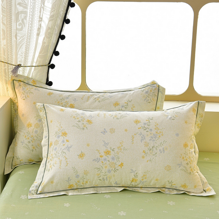 91家纺网 家纺一手货源 找家纺 绘萱家居 2026直播爆款一字绣吊边款纯棉100%全棉四件套印花百分百（喷气高品质） 粉铃花语-黄