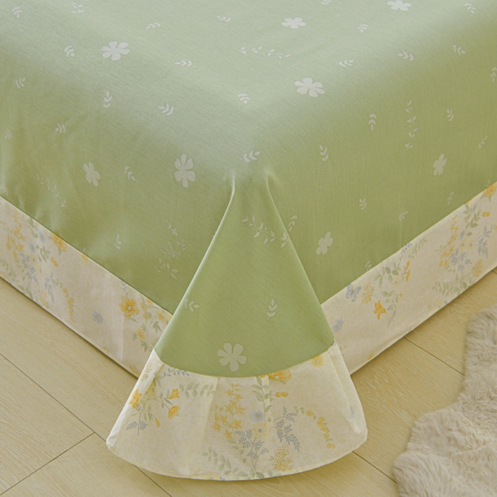 91家纺网 家纺一手货源 找家纺 绘萱家居 2026直播爆款一字绣吊边款纯棉100%全棉四件套印花百分百（喷气高品质） 粉铃花语-黄