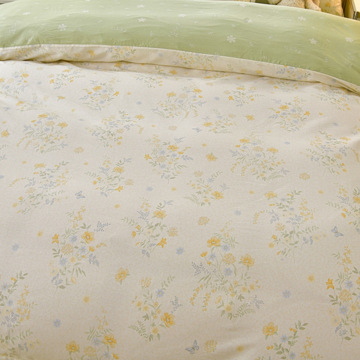 91家纺网 家纺一手货源 找家纺 绘萱家居 2026直播爆款一字绣吊边款纯棉100%全棉四件套印花百分百（喷气高品质） 粉铃花语-黄