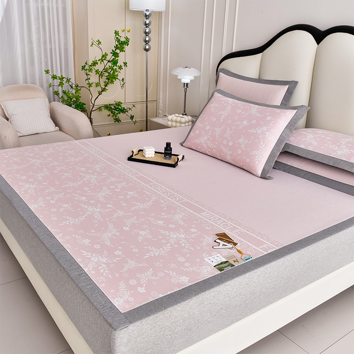 91家纺网 家纺一手货源 找家纺 小牛席业 2026新款半定位小提花凉感冰丝席系列凉席藤席冰藤双面席冰丝席竹席凉席空调席草席三件套 粉色