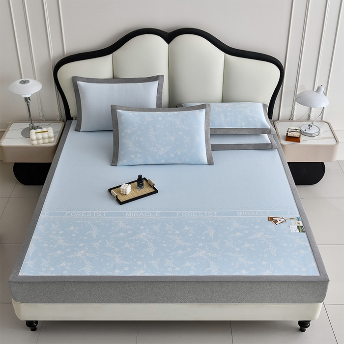 91家纺网 家纺一手货源 找家纺 小牛席业 2026新款半定位小提花凉感冰丝席系列凉席藤席冰藤双面席冰丝席竹席凉席空调席草席三件套 蓝色