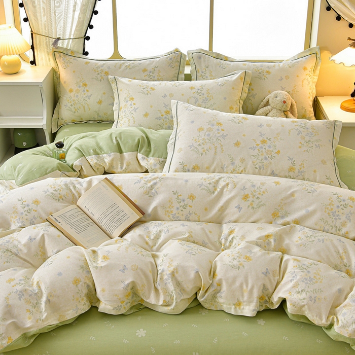 91家纺网 家纺一手货源 找家纺 绘萱家居 2026直播爆款一字绣吊边款纯棉100%全棉四件套印花百分百（喷气高品质） 粉铃花语-黄