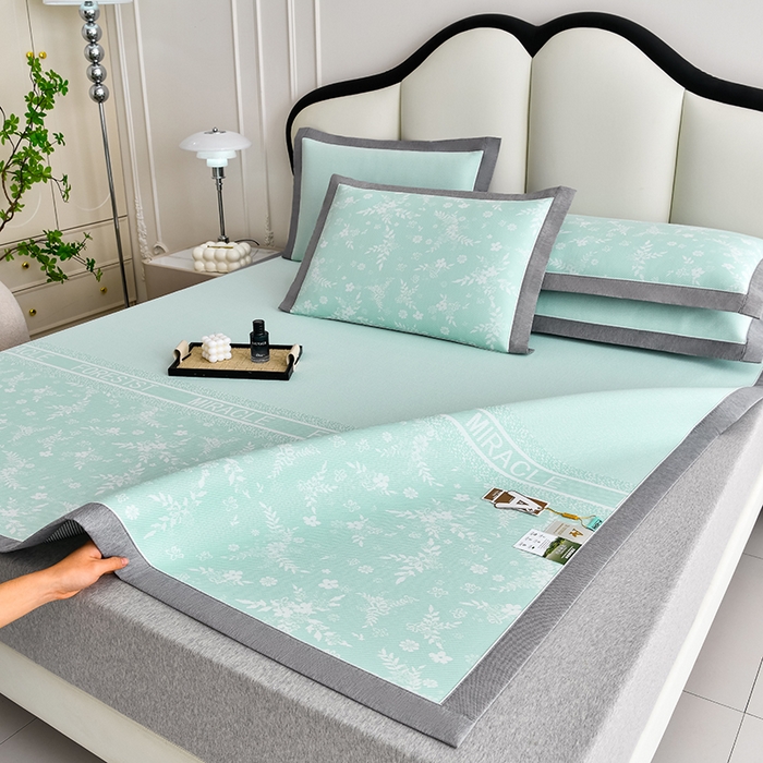 91家纺网 家纺一手货源 找家纺 小牛席业 2026新款半定位小提花凉感冰丝席系列凉席藤席冰藤双面席冰丝席竹席凉席空调席草席三件套 绿色