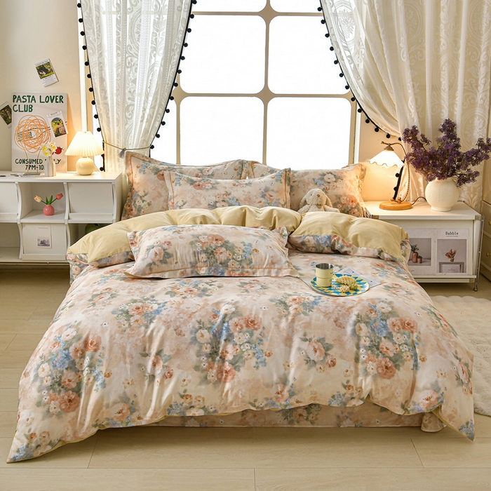 91家纺网 家纺一手货源 找家纺 绘萱家居 2026直播爆款一字绣吊边款纯棉100%全棉四件套印花百分百（喷气高品质） 锦绣缘