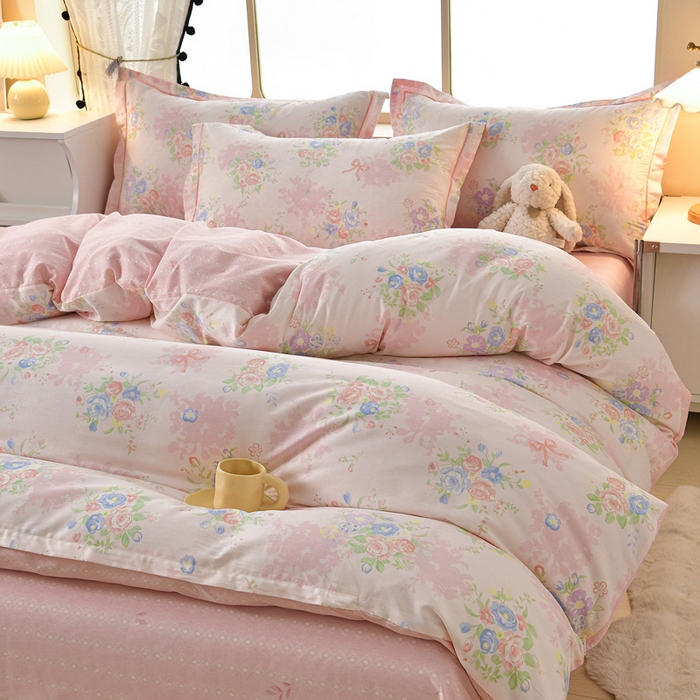 91家纺网 家纺一手货源 找家纺 绘萱家居 2026直播爆款一字绣吊边款纯棉100%全棉四件套印花百分百（喷气高品质） 静听花语-粉