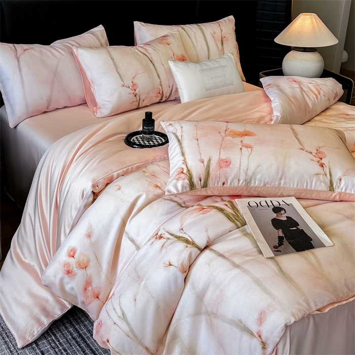 91家纺网 家纺一手货源 找家纺 绒棉世家 2026新款100%莱赛尔天丝面料数码印花四件套 粉色竹花