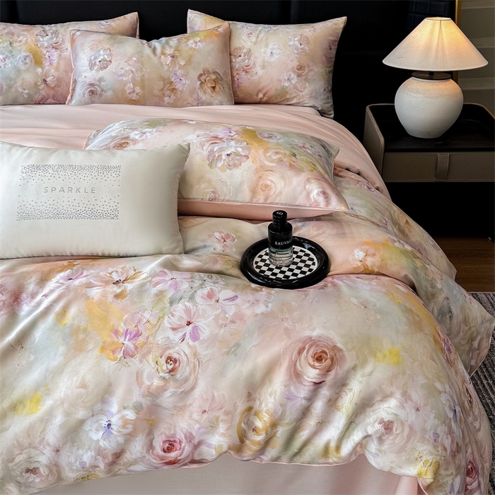 91家纺网 家纺一手货源 找家纺 绒棉世家 2026新款100%莱赛尔天丝面料数码印花四件套 春色满园