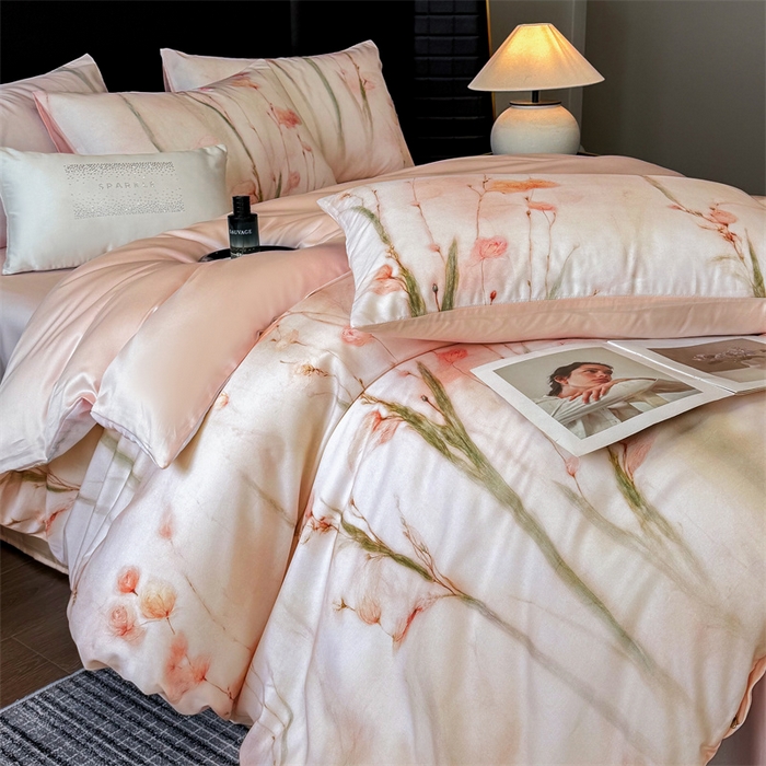 91家纺网 家纺一手货源 找家纺 绒棉世家 2026新款100%莱赛尔天丝面料数码印花四件套 粉色竹花