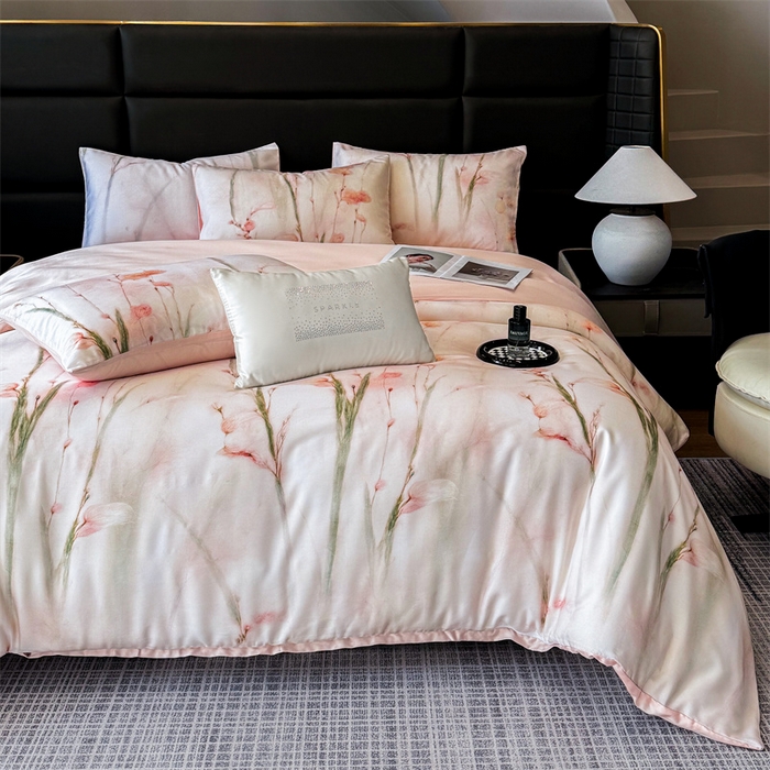 91家纺网 家纺一手货源 找家纺 绒棉世家 2026新款100%莱赛尔天丝面料数码印花四件套 粉色竹花