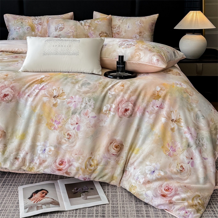 91家纺网 家纺一手货源 找家纺 绒棉世家 2026新款100%莱赛尔天丝面料数码印花四件套 春色满园