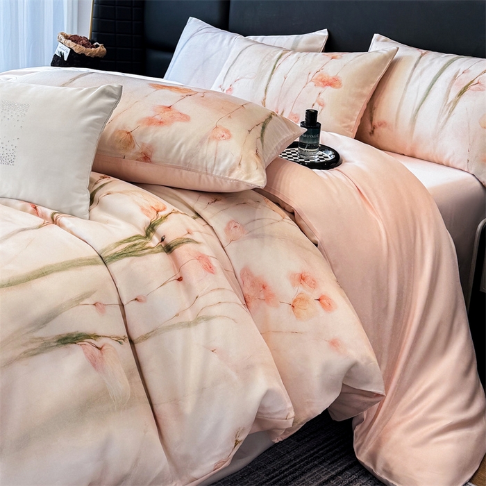 91家纺网 家纺一手货源 找家纺 绒棉世家 2026新款100%莱赛尔天丝面料数码印花四件套 粉色竹花