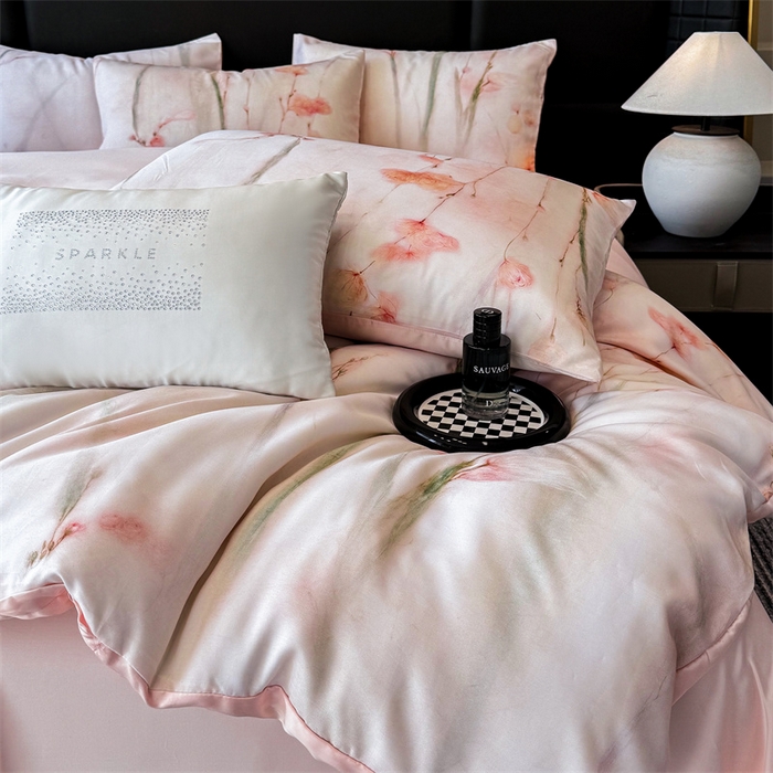 91家纺网 家纺一手货源 找家纺 绒棉世家 2026新款100%莱赛尔天丝面料数码印花四件套 粉色竹花