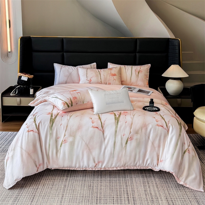 91家纺网 家纺一手货源 找家纺 绒棉世家 2026新款100%莱赛尔天丝面料数码印花四件套 粉色竹花