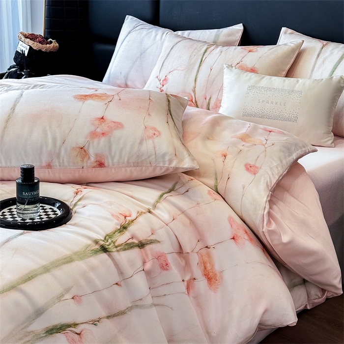 91家纺网 家纺一手货源 找家纺 绒棉世家 2026新款100%莱赛尔天丝面料数码印花四件套 粉色竹花