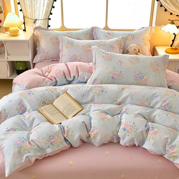 91家纺网 家纺一手货源 找家纺 绘萱家居 2026直播爆款一字绣吊边款纯棉100%全棉四件套印花百分百（喷气高品质） 静听花语-兰