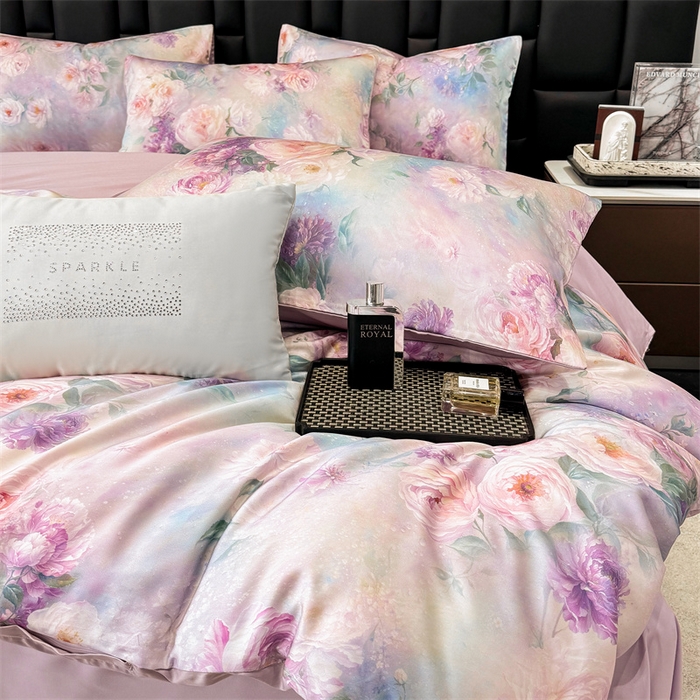 91家纺网 家纺一手货源 找家纺 绒棉世家 2026新款100%莱赛尔天丝面料数码印花四件套 粉红桃花